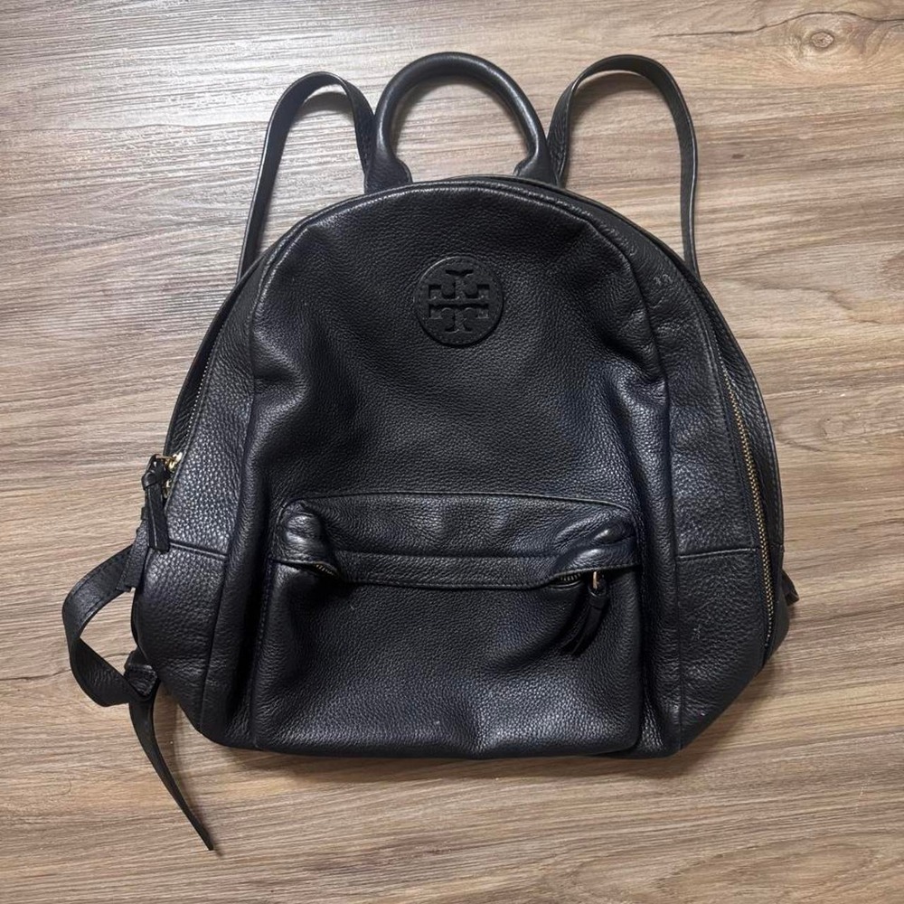 Tory Burch Black Pebbled Leather Backpack with Stitched Double T Logo